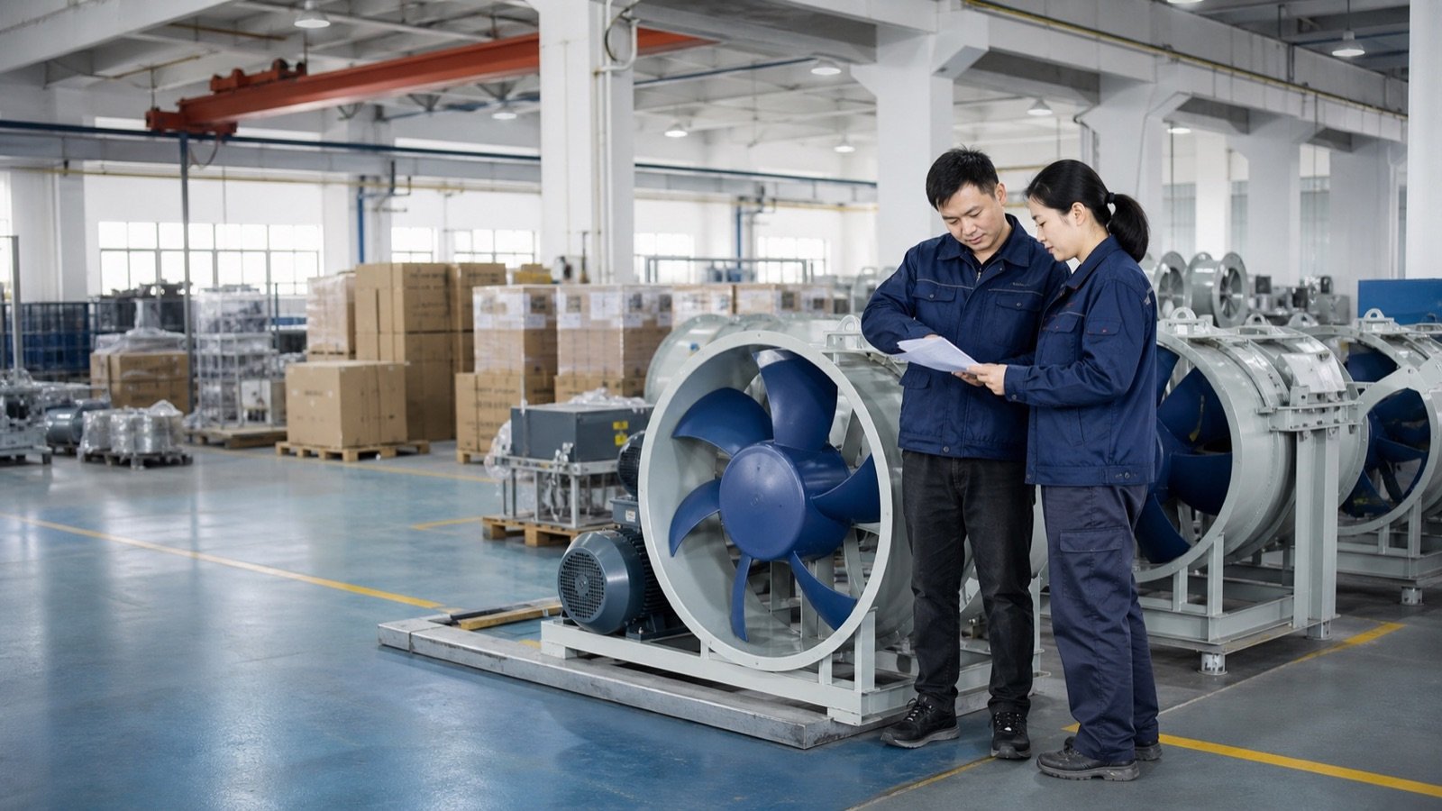 Industrial ventilation fan workshop with assembled units and export packing support