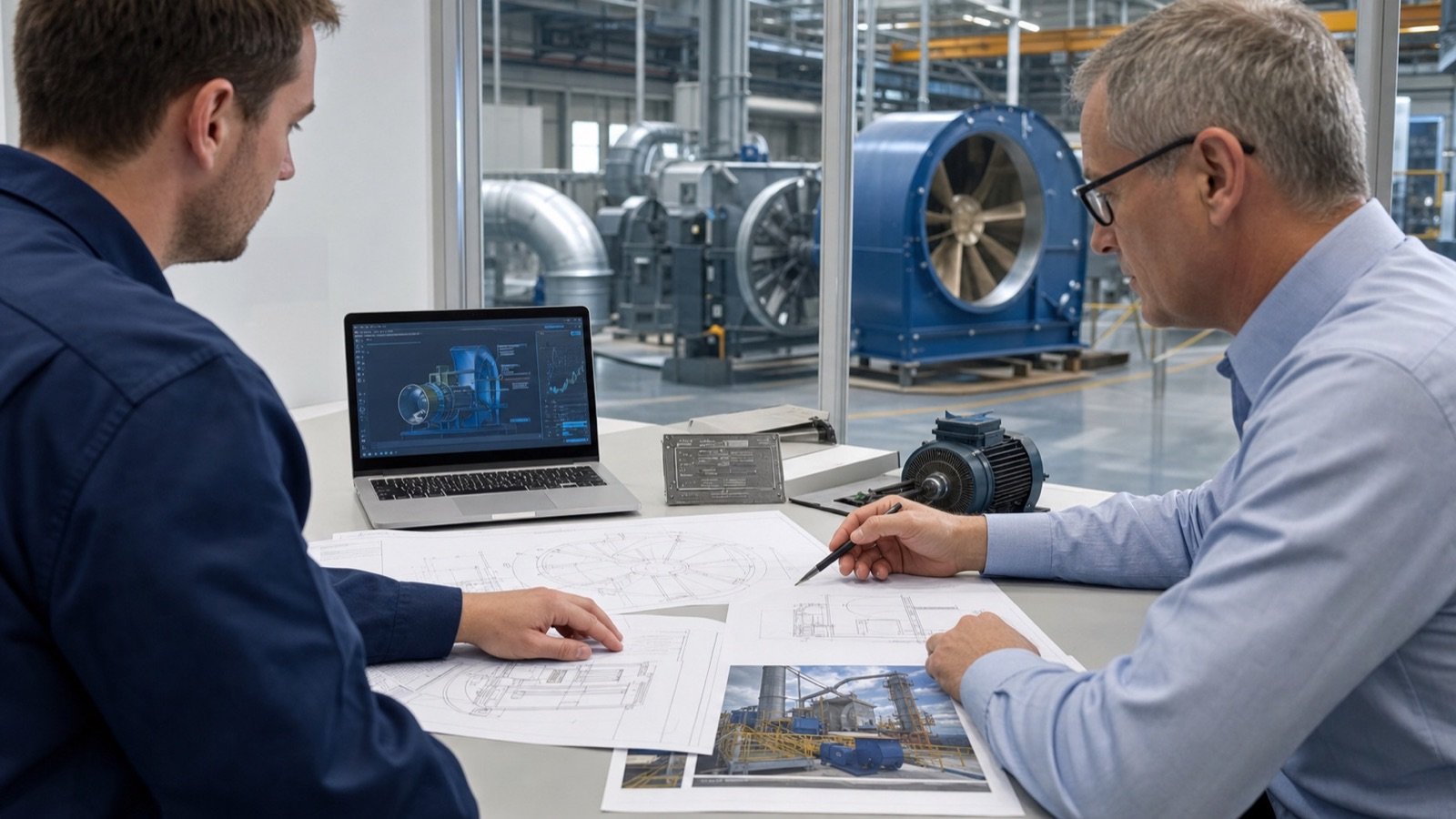 Engineers reviewing industrial fan drawings and selection details in front of workshop equipment