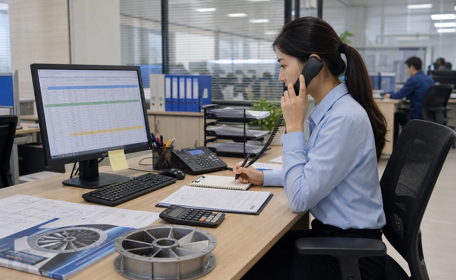 Project coordinator confirming industrial fan order requirements by phone