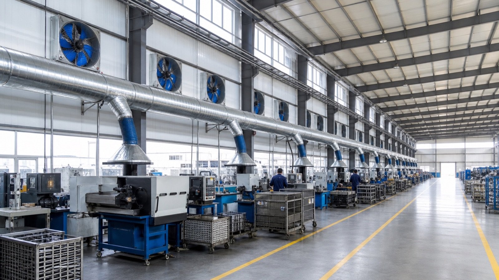 Manufacturing workshop with installed ventilation fans and duct extraction system