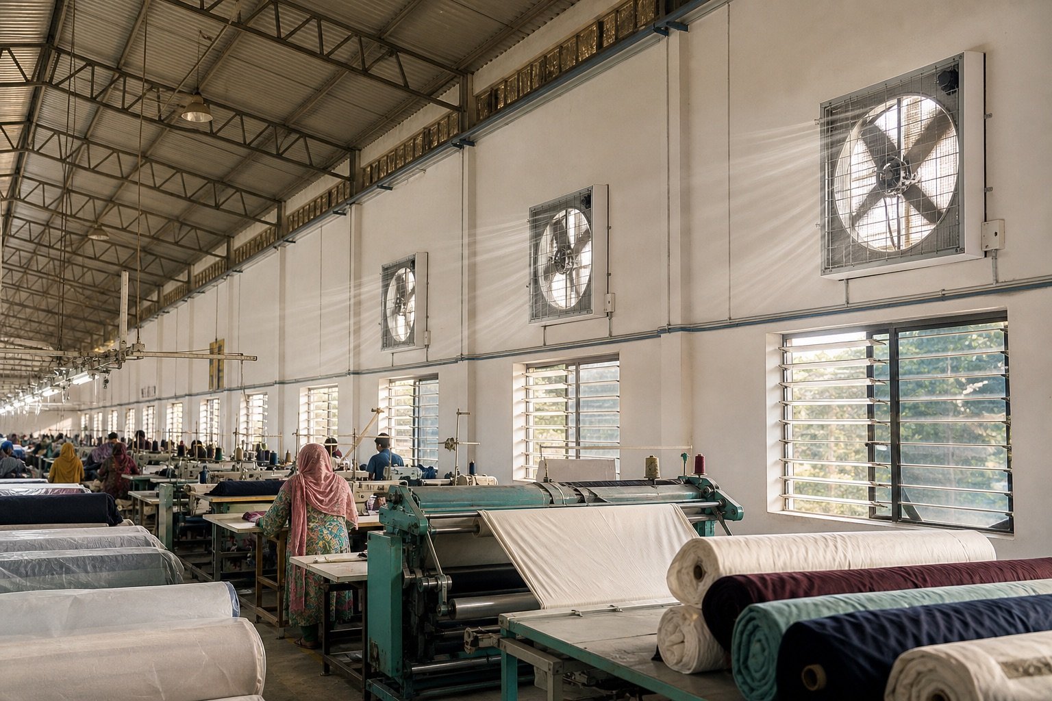 textile factory ventilation with JS series negative pressure exhaust fans in Bangladesh