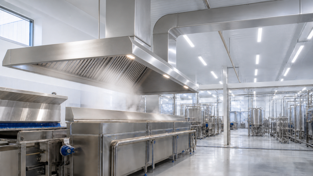 food processing exhaust hood with ductwork leading to an external fan