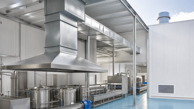 food processing ventilation system with exhaust hood roof discharge and fresh air intake