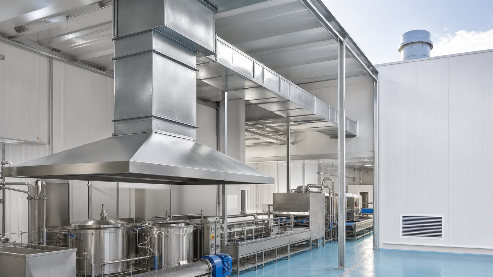food processing ventilation system with exhaust hood roof discharge and fresh air intake