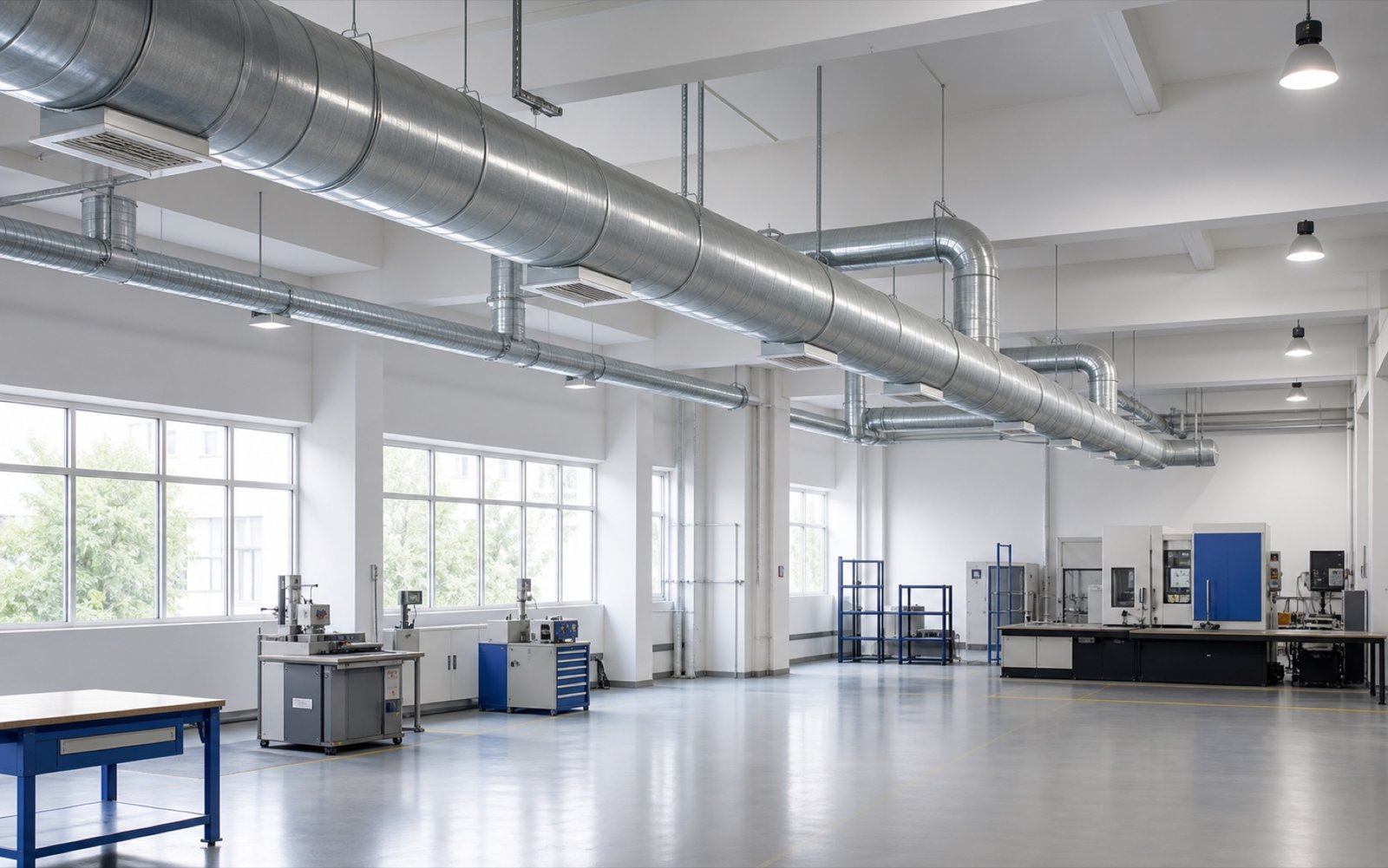 Clean industrial workshop with professionally installed ventilation ductwork