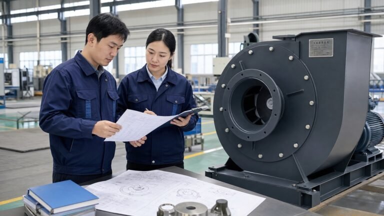 Asian engineers reviewing industrial fan order documentation in a factory