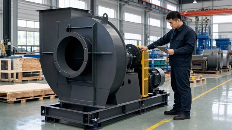 Asian technician conducting industrial fan quality inspection before shipment