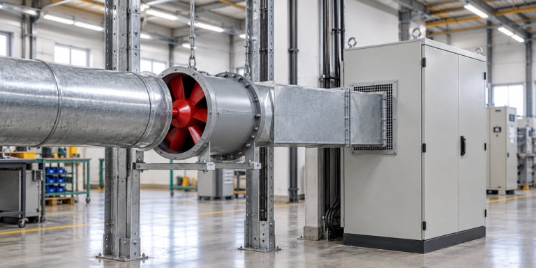 Duct-mounted axial fan with red impeller for industrial equipment cooling