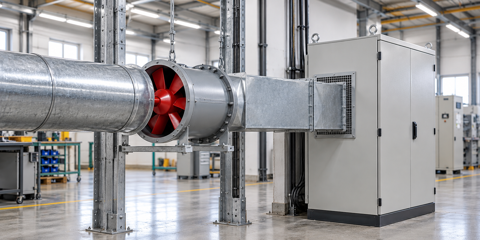 Duct-mounted axial fan with red impeller for industrial equipment cooling