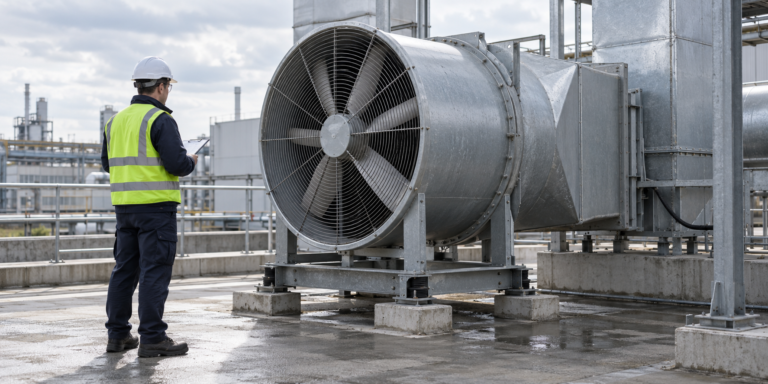 Technician inspecting a large industrial smoke exhaust fan outdoors