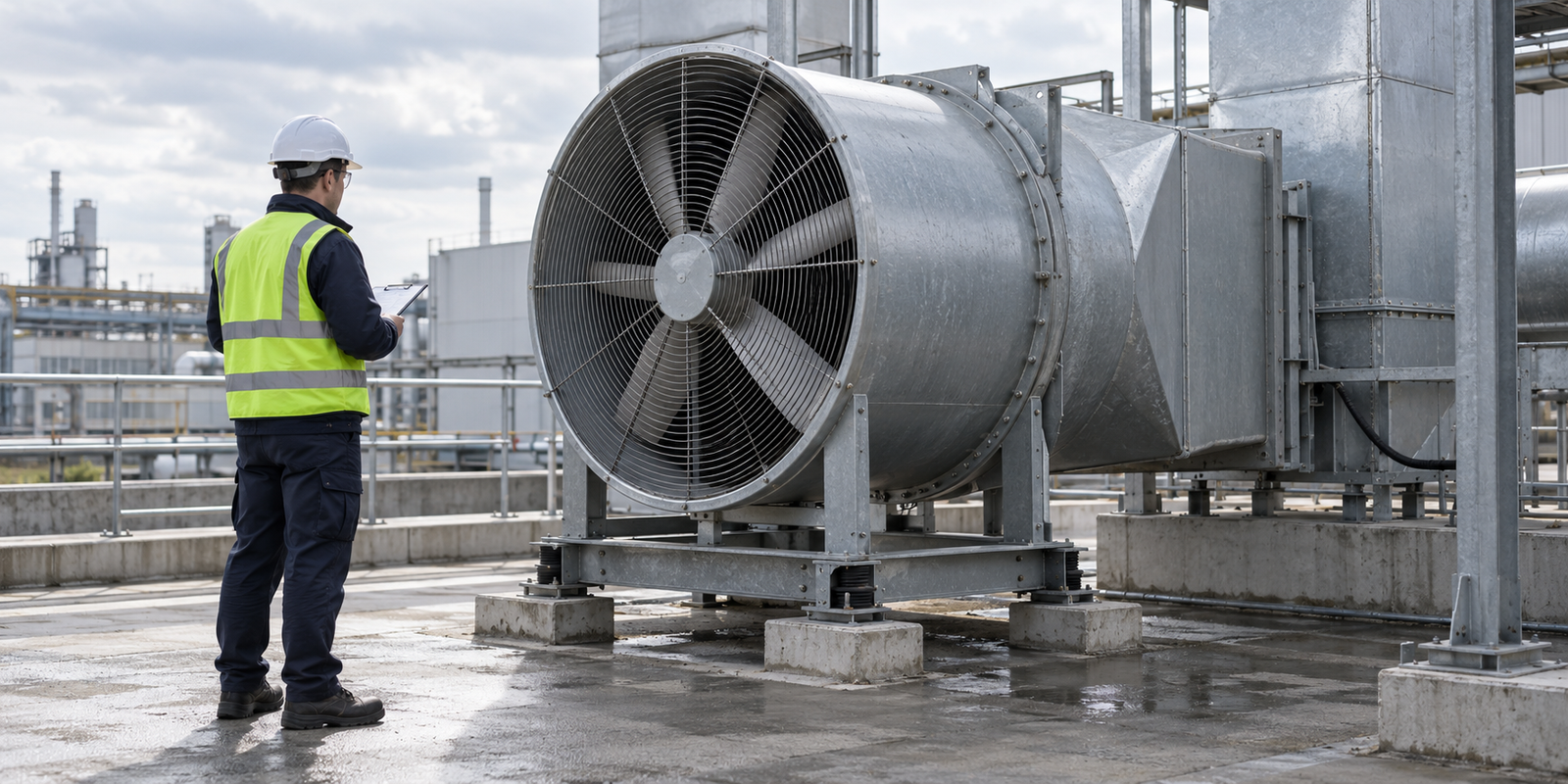 Technician inspecting a large industrial smoke exhaust fan outdoors