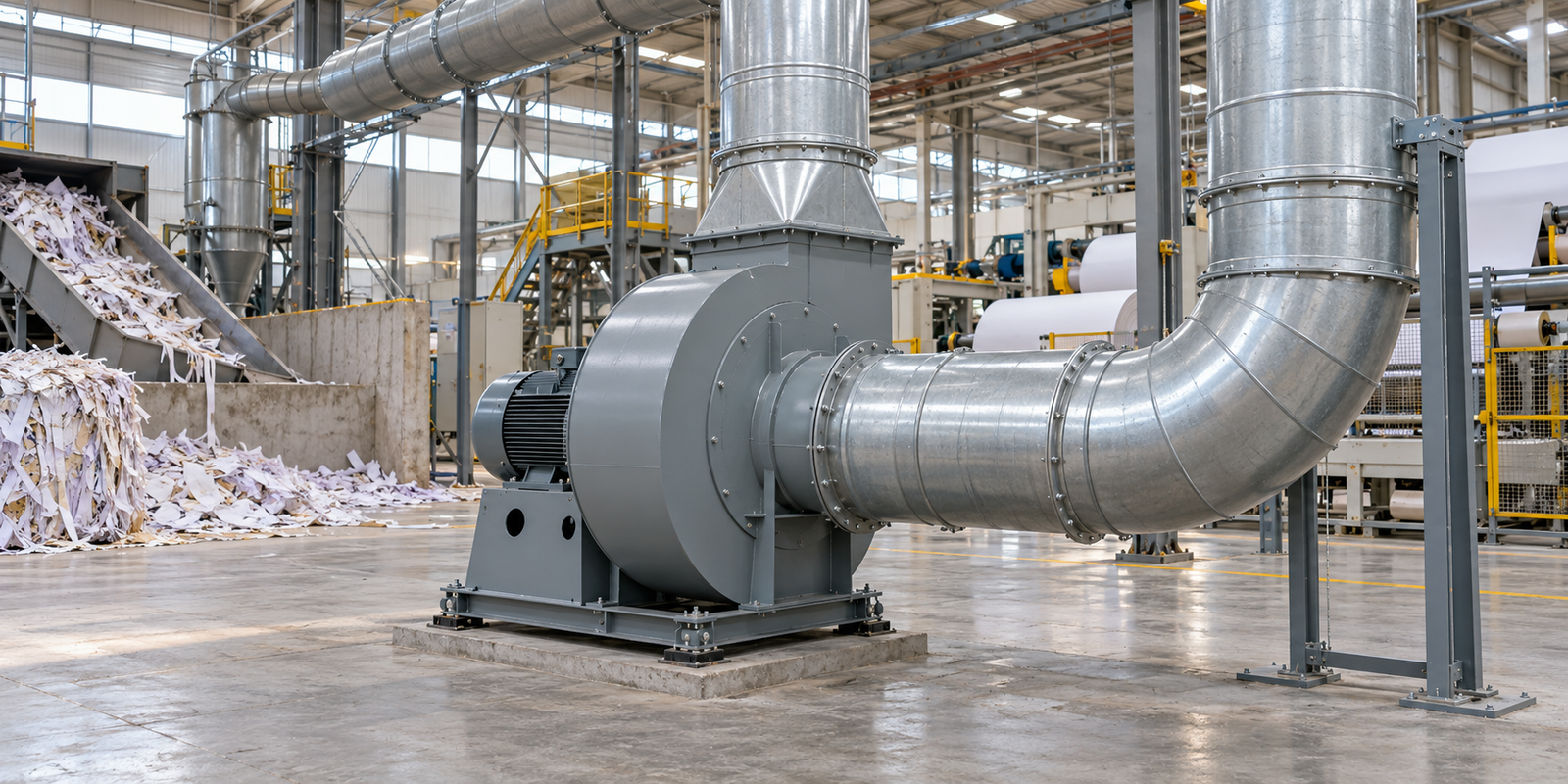 Industrial centrifugal fan in a paper recycling workshop with conveying ductwork