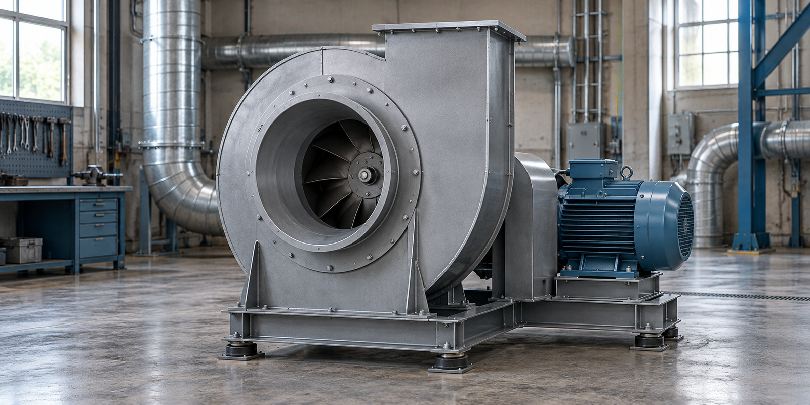 Industrial centrifugal fan assembly in a factory workshop