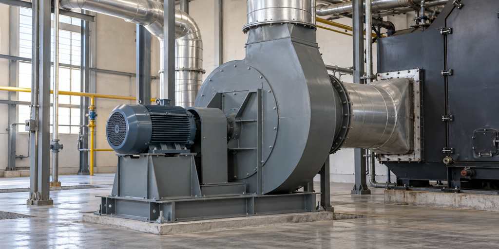 Industrial boiler induced-draft centrifugal fan connected to flue ductwork