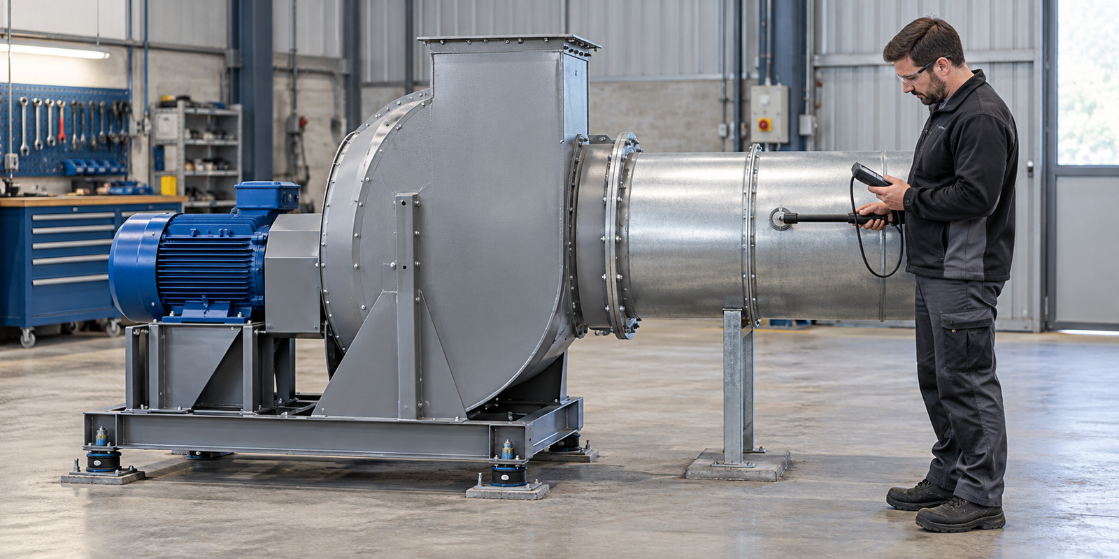 Technician measuring airflow in a duct connected to an industrial centrifugal fan